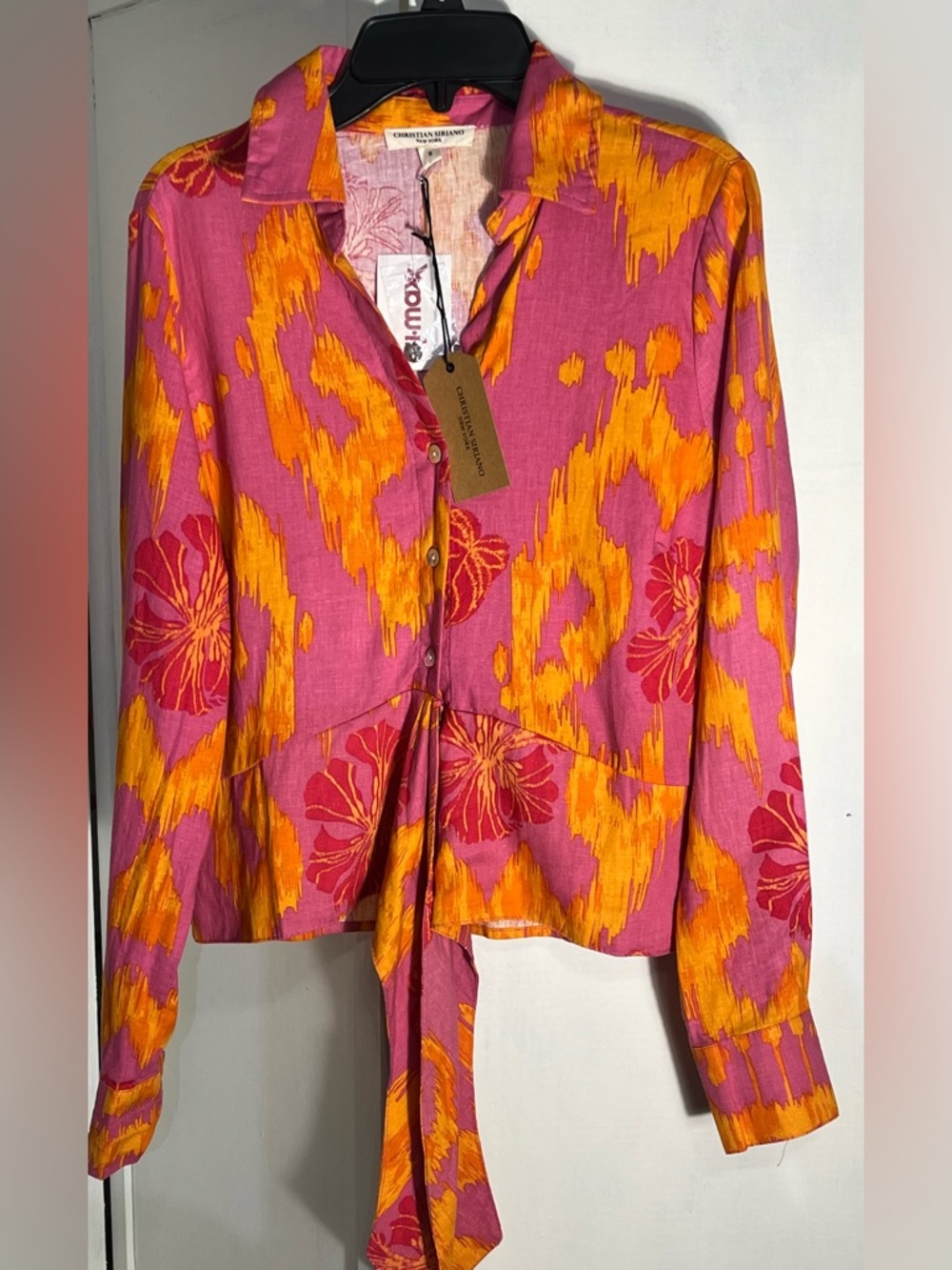 NWT! Christian Siriano Wo Sz S Pink and Orange Floral Tie-Front Button Down
